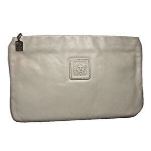 Anne Klein Leather Clutch Bag Purse Taupe Beige Vintage Designer Handbag Evening